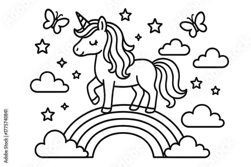 Unicorn on Rainbow. Magical unicorn with flowing mane standing on a rainbow among clouds, stars, and butterflies, black and white