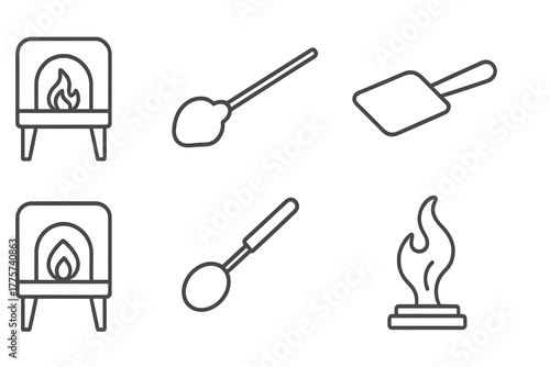 Glassblowing Icons. Line style icons of Glassblowing: Annealing Oven, Blowpipe, Molten Glass, Marver, Furnace, Pontil, Shaping