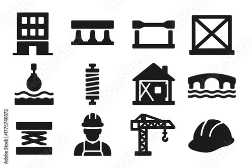 Earthquake-Resistant Structures Icons. Solid style icons of earthquake-resistant construction: reinforced building, seismic