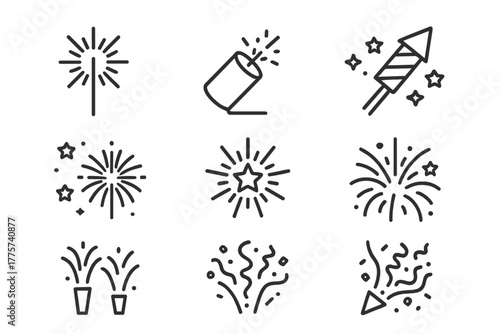 Festive Fireworks Icons. Line style icons of Fireworks Display: Sparkler, Launch Tube, Firework Rocket, Night Sky, Star Burst,