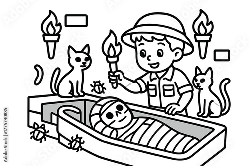 Child Discovers Mummy Tomb. Curious archaeologist child discovering a mummy’s tomb with cats, scarabs, and torches glowing, black