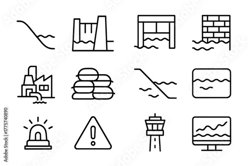 Flood Control Icons. Line style icons of flood control: levee, dike, floodgate, barrier wall; pumping station, sandbags, spill