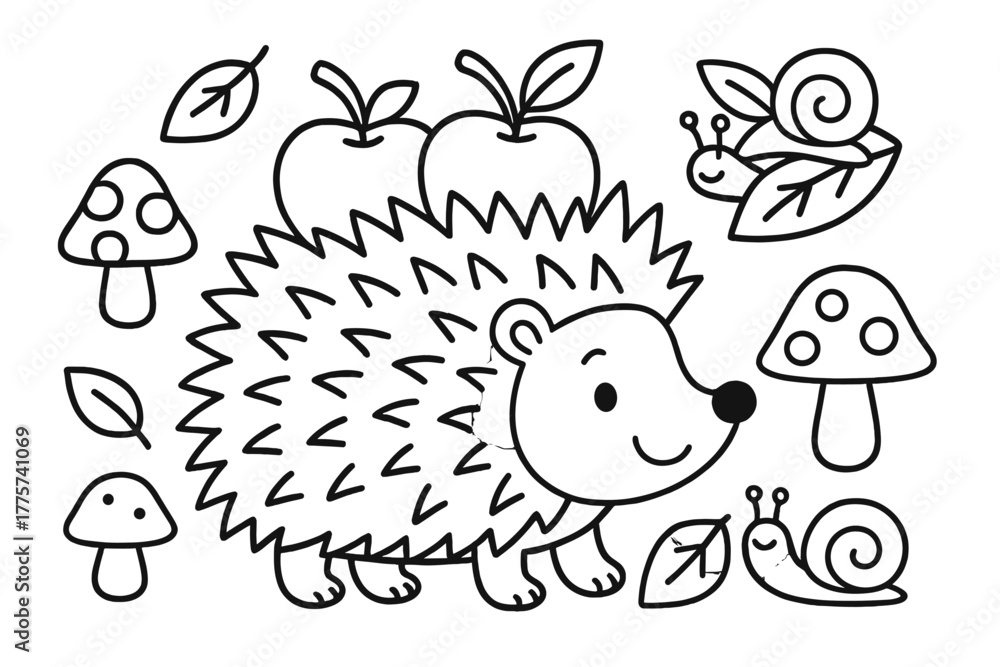 Fototapeta premium Hedgehog and Forest Friends. Smiling hedgehog carrying apples on its back with mushrooms, leaves, and snails around, black and