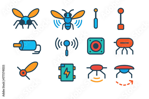 Robotic Insect Drone Icons. Flat vector icons of modern robotic insect drones: miniature drone, flapping wings, micro motor,
