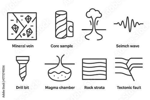 Deep Earth Icons. Line style icons of Deep Earth: Mineral Vein, Core Sample, Mantle Plume, Seismic Wave, Drill Bit, Magma Chamber,