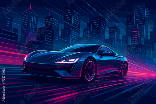 Futuristic Neon Speed. Sleek futuristic car speeding through a neon-lit vector illustration city, dynamic lighting and motion blur