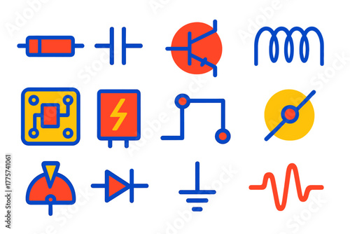 Colorful Circuit Icons. Flat vector icons of Amplifier Circuits: resistor, capacitor, transistor, inductor coil, printed circuit