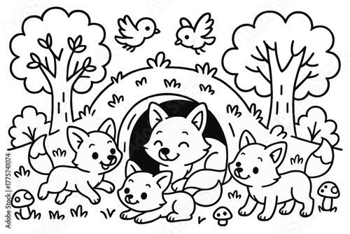 Playful Fox Cubs. Happy fox den with playful cubs outside, surrounded by trees, birds, and mushrooms, black and white line art,
