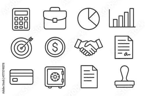 Business Tool Icons. Line style icons of business tools: calculator, briefcase, pie chart, bar graph; target board, dollar coin,