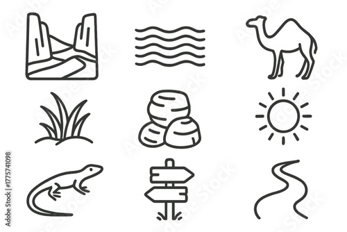 Hidden Dune Icons. Line style icons of Hidden Dune: Secret Valley, Ripple Pattern, Camel, Dune Grass, Sandstone Rock, Sun, Lizard,