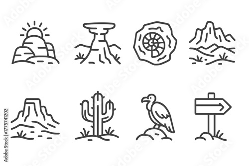 Badlands Icon Style Art. Line style icons of Sunset Badlands: Golden Rock, Shadowed Hoodoo, Fossil, Harsh Landscape, Distant Mesa,