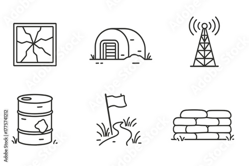 Forgotten Outpost Icons. Line style icons of Forgotten Outpost: Cracked Window, Old Bunker, Windswept Flag, Radio Tower, Rusted