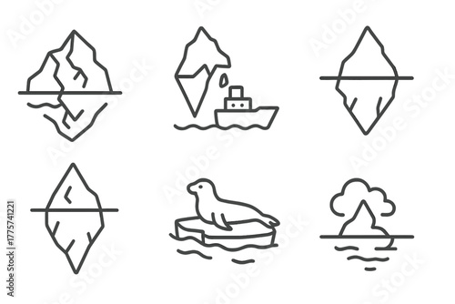 Fractured Iceberg Icons. Line style icons of Fractured Iceberg: Cracked Ice, Calving, Tip, Ship, Underwater Mass, Seal, Mist,