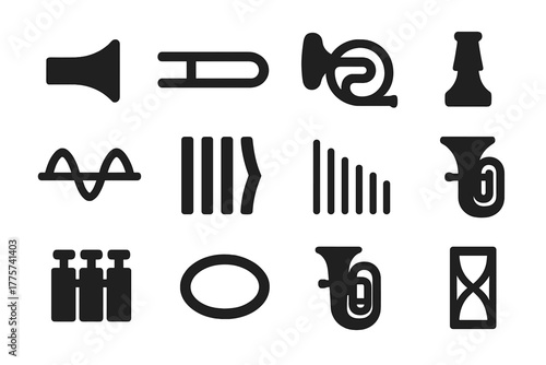 Brass Instrument Harmonics. Solid style icons of brass instrument harmonics: trumpet bell, trombone slide, French horn coil, tuba