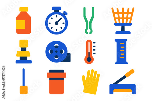 Darkroom Equipment Icons. Flat vector icons of Darkroom Equipment: chemical bottle, timer, tongs, drying rack, focusing knob, film