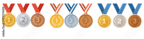 Gold, silver, and bronze medals set. First, second, and third place award prizes. Collection of champion awards for victory or sport competition.