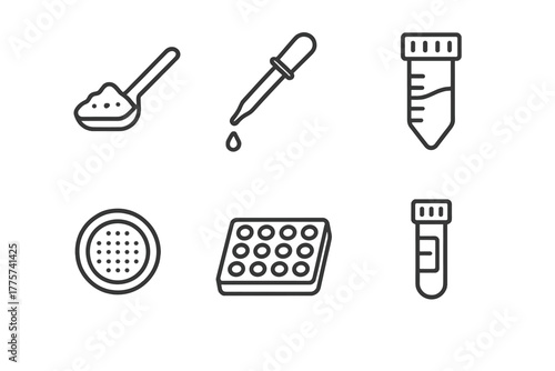 Sample Prep Icons. Line style icons of Sample Preparation for Mass Spec: solid sample scoop, solvent pipette, centrifuge tube,