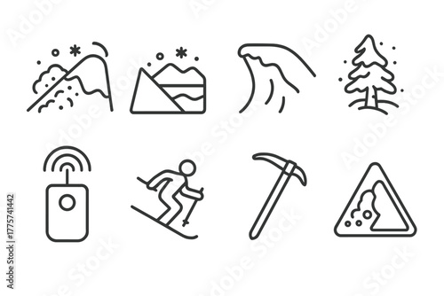 Avalanche Safety Icons. Line style icons of Snowy Avalanche: Snow Drift, Snowpack, Cornice, Buried Tree, Rescue Beacon, Skier, Ice