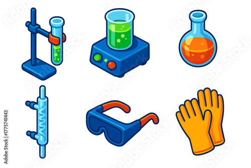 Vibrant Lab Equipment. Isometric vector illustration set Laboratory Applications: reaction tube holder, magnetic stirrer,