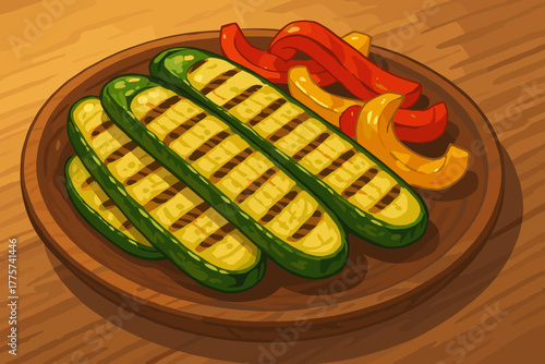 Grilled Vegetable Delight. Freshly grilled zucchini and bell peppers served on a rustic wooden plate, vector illustration vibrant