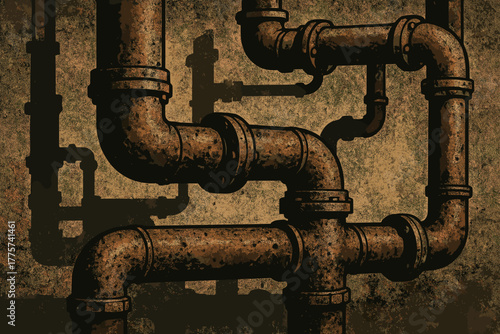 Rusty Industrial Pipes. Industrial pipes with rusted textures and dramatic shadows, gritty and vintage, muted earthy tones,