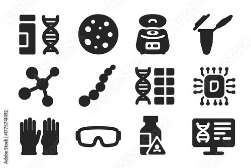 Biotech Research Icons. Solid style icons of biotechnology research: DNA extraction kit, bacterial culture plate, centrifuge
