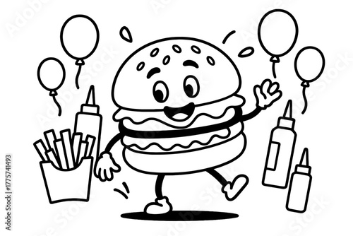Dancing Burger Party. Funny hamburger character dancing with fries, ketchup bottles, and balloons around, black and white line art