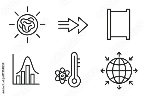 Plasma Fusion Icons. Line style icons of High-Temperature Plasma: fusion-grade plasma ball, energy input beam, vacuum chamber wall