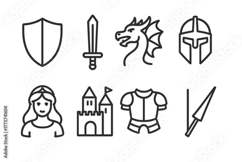 Knight's Quest Icons. Line style icons of Knight's Quest: Shield, Sword, Dragon, Helmet, Fair Maiden, Distant Castle, Armor Chest,