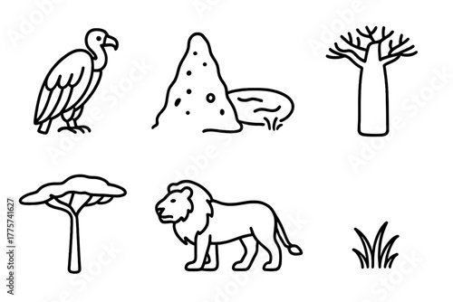Savanna Line Icons. Line style icons of Savanna: Vulture, Termite Mound, Watering Hole, Baobab Tree, Acacia Tree, Lion, Elephant,