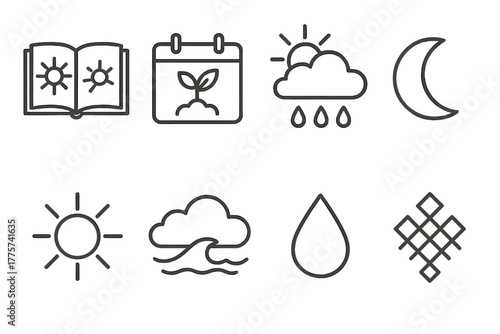 Agrarian Icon Line Art. Line style icons of Agrarian Knowledge: Weather Forecast, Planting Schedule, Tide Chart, Folkloric Wisdom;