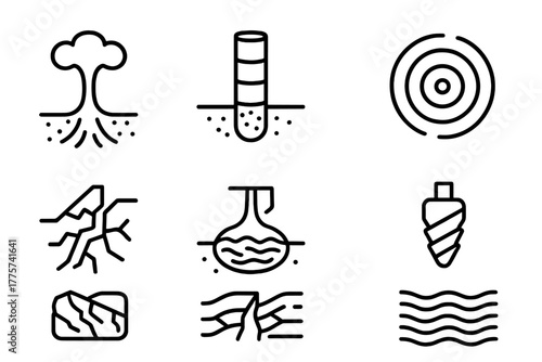 Deep Earth Icons. Line style icons of Deep Earth: Mantle Plume, Core Sample, Seismic Wave, Mineral Vein, Tectonic Fault, Magma