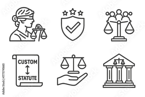 Law Society Icons. Line style icons of Law and Society: law in culture icon, civic responsibility badge, community with law beam,