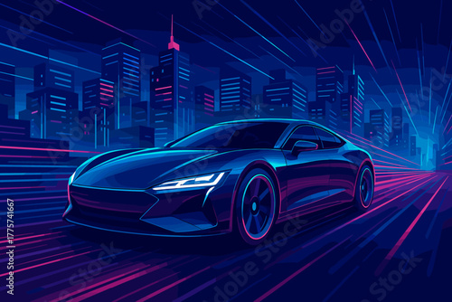 Futuristic Neon Speed. Sleek futuristic car speeding through a neon-lit vector illustration city, dynamic lighting and motion blur