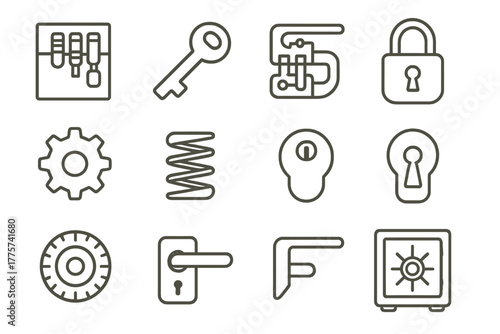 Lock Mechanism Icons. Line style icons of Lock Mechanics: Tumbler, Key, Mechanism, Security; Padlock, Gear, Spring, Cylinder;