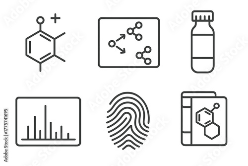 Chemical Compound Icons. Line style icons of Chemical Compound Identification: molecular ion peak, fragmentation pattern, sample