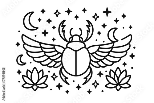 Magical Scarab Illustration. Magical scarab beetle with wings spread wide surrounded by stars, moons, and lotus flowers, black and