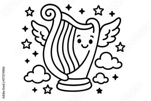 Magical Harp Illustration. Magical harp with flowing strings surrounded by stars, clouds, and angel wings smiling, black and white