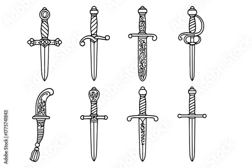 Ornate Weapon Icons. Line style icons of ornate weapons: jeweled hilt, twisted guard, decorated scabbard, engraved blade; curved