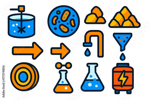 Biomining Process Icons. Flat vector icons of biomining processes: leaching tank, bacteria culture, ore pile, flow arrow,