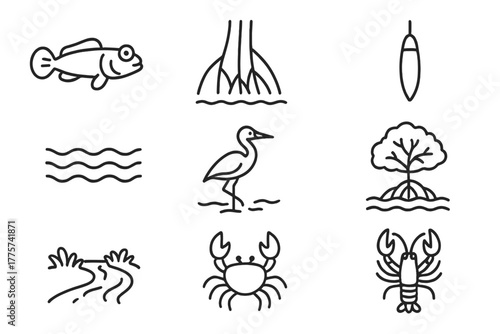 Mangrove Forest Icons. Line style icons of Mangrove Forest: Mudskipper, Prop Roots, Seed Pod, Tide, Heron, Mangrove Tree, Estuary,