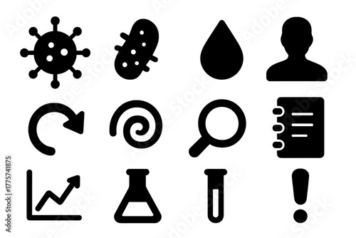 Disease Ecology Icons. Solid style icons of disease ecology and epidemiology: virus, bacteria, droplet, human silhouette, arrow,