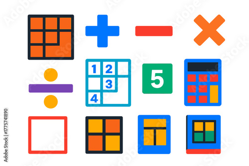 Flat KenKen Icons. Flat vector icons of KenKen puzzles: arithmetic grid, plus sign, minus sign, multiplication sign, division sign