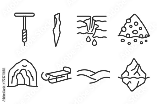 Glacier Line Icons. Line style icons of Glacier: Ice Core Drill, Crevasse, Meltwater, Moraine, Glacier Cave, Sledge, Snowfield,