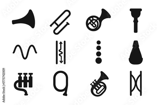Brass Instrument Harmonics. Solid style icons of brass instrument harmonics: trumpet bell, trombone slide, French horn coil, tuba