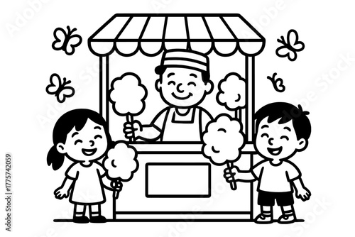 Candy Stand Delight. Happy cotton candy stand with a smiling vendor, kids holding treats, and butterflies around, black and white