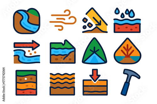 Geoarchaeology Icons. Flat vector icons of formation processes in geoarchaeology: river deposition, wind erosion, slope movement,