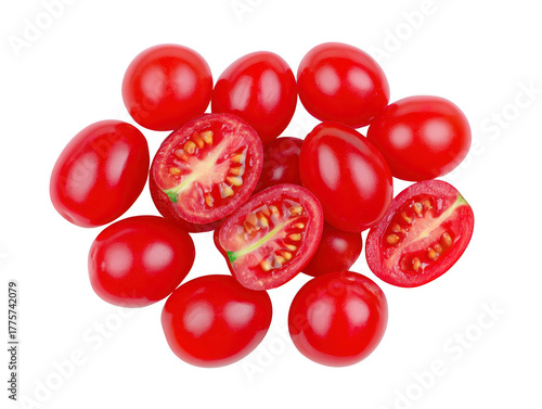 Fresh grape tomato, whole and halved, with vibrant red color and juicy texture, isolated on transparency background, perfect for healthy eating, salad, and cooking concepts