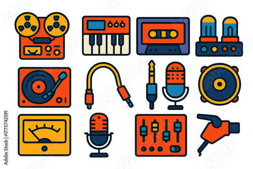 Vintage Audio Icons. Flat vector icons of Vintage Audio Gear: reel-to-reel recorder, analog synthesizer, cassette deck, tube amp,