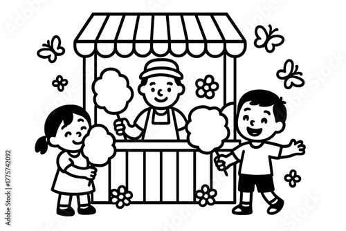 Candy Stand Delight. Happy cotton candy stand with a smiling vendor, kids holding treats, and butterflies around, black and white